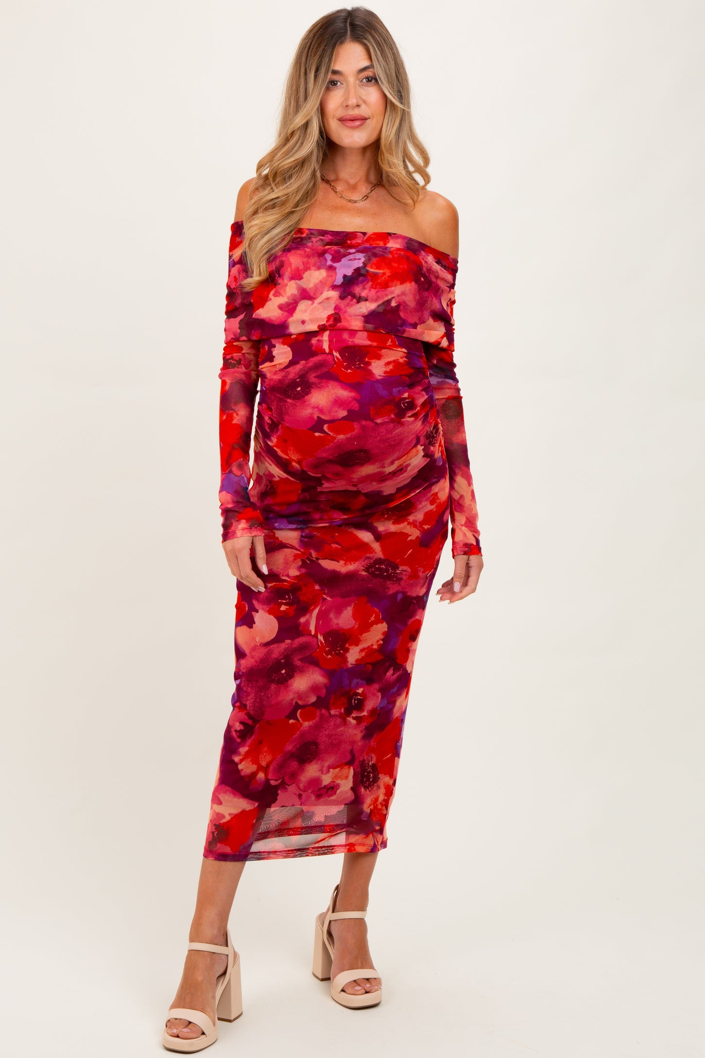 Red Floral Mesh Off Shoulder Long Sleeve Maternity Maxi Dress