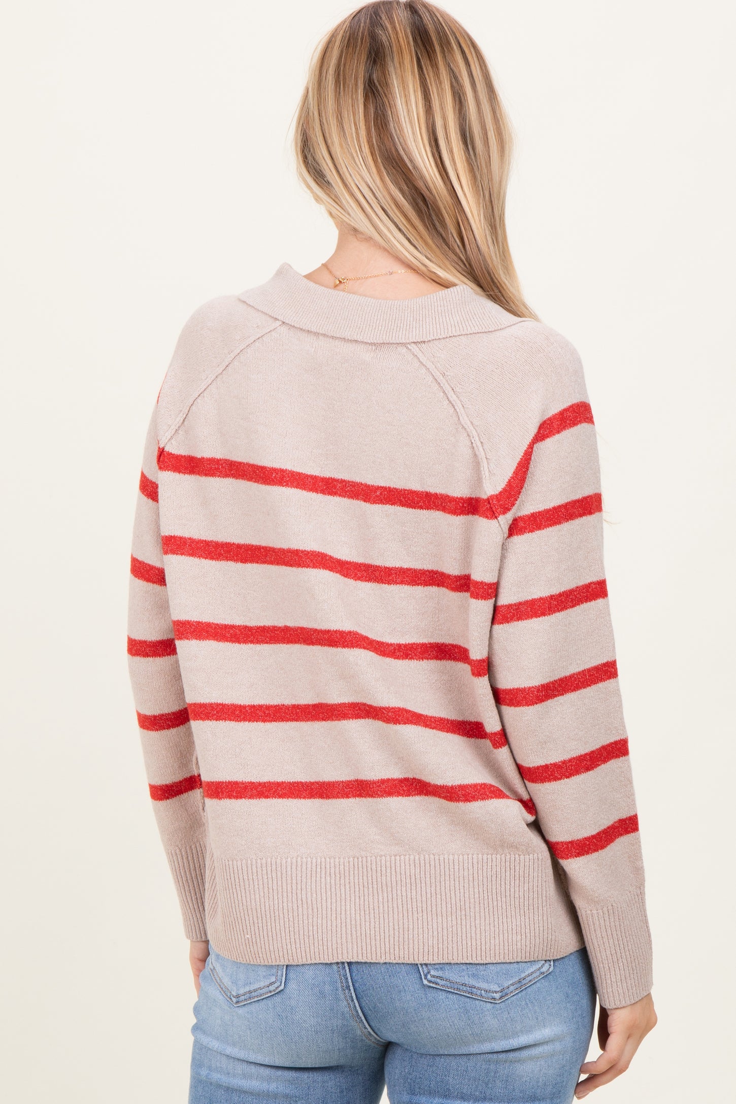Beige Striped Oversized Polo Sweater