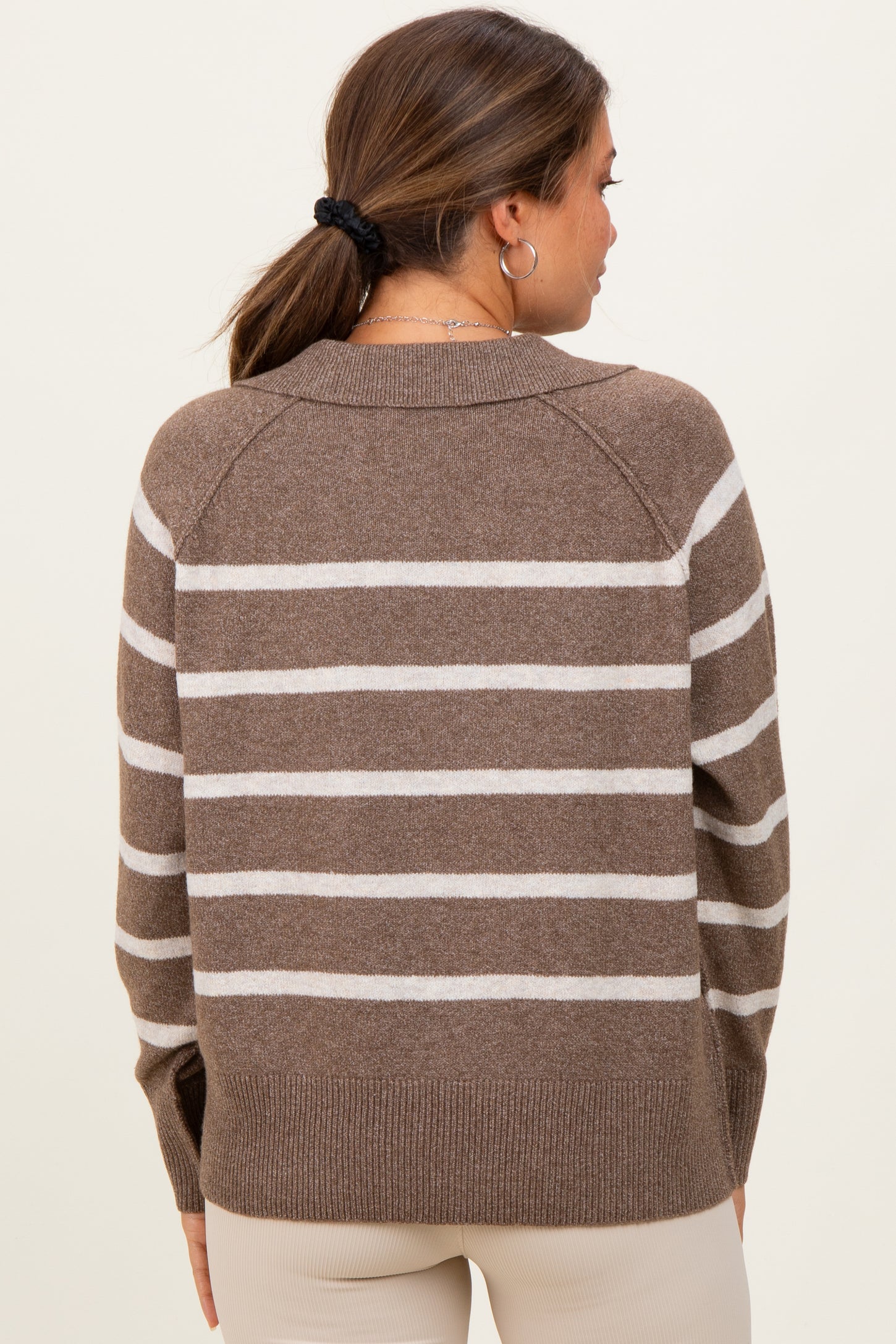 Brown Striped Oversized Polo Maternity Sweater