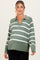 woman wearing a green striped maternity sweater with a v-neck and long sleeves, highlighting her baby bump
