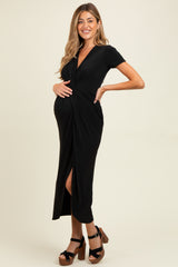 Black Gathered Front Short Sleeve Maternity Maxi Dress