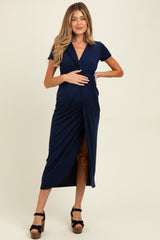 Navy Gathered Front Short Sleeve Maternity Maxi Dress