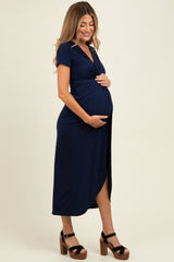 Navy Gathered Front Short Sleeve Maternity Maxi Dress