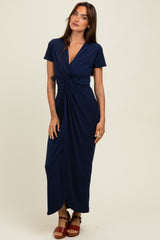 Navy Gathered Front Short Sleeve Maxi Dress