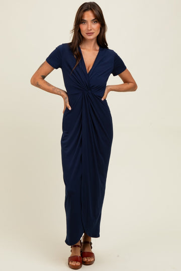 Navy Gathered Front Short Sleeve Maxi Dress