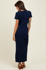 Navy Gathered Front Short Sleeve Maxi Dress