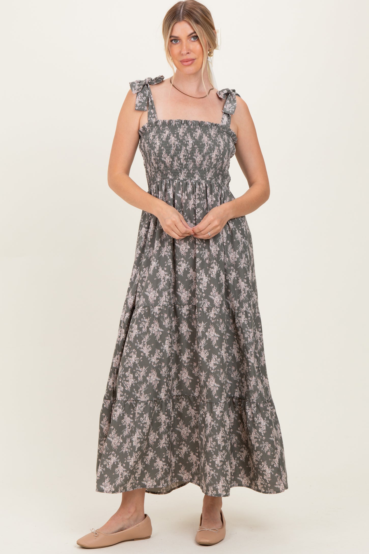 Light Olive Floral Shoulder Tie Maternity Maxi Dress