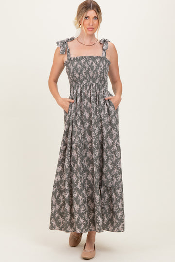 Light Olive Floral Shoulder Tie Maxi Dress
