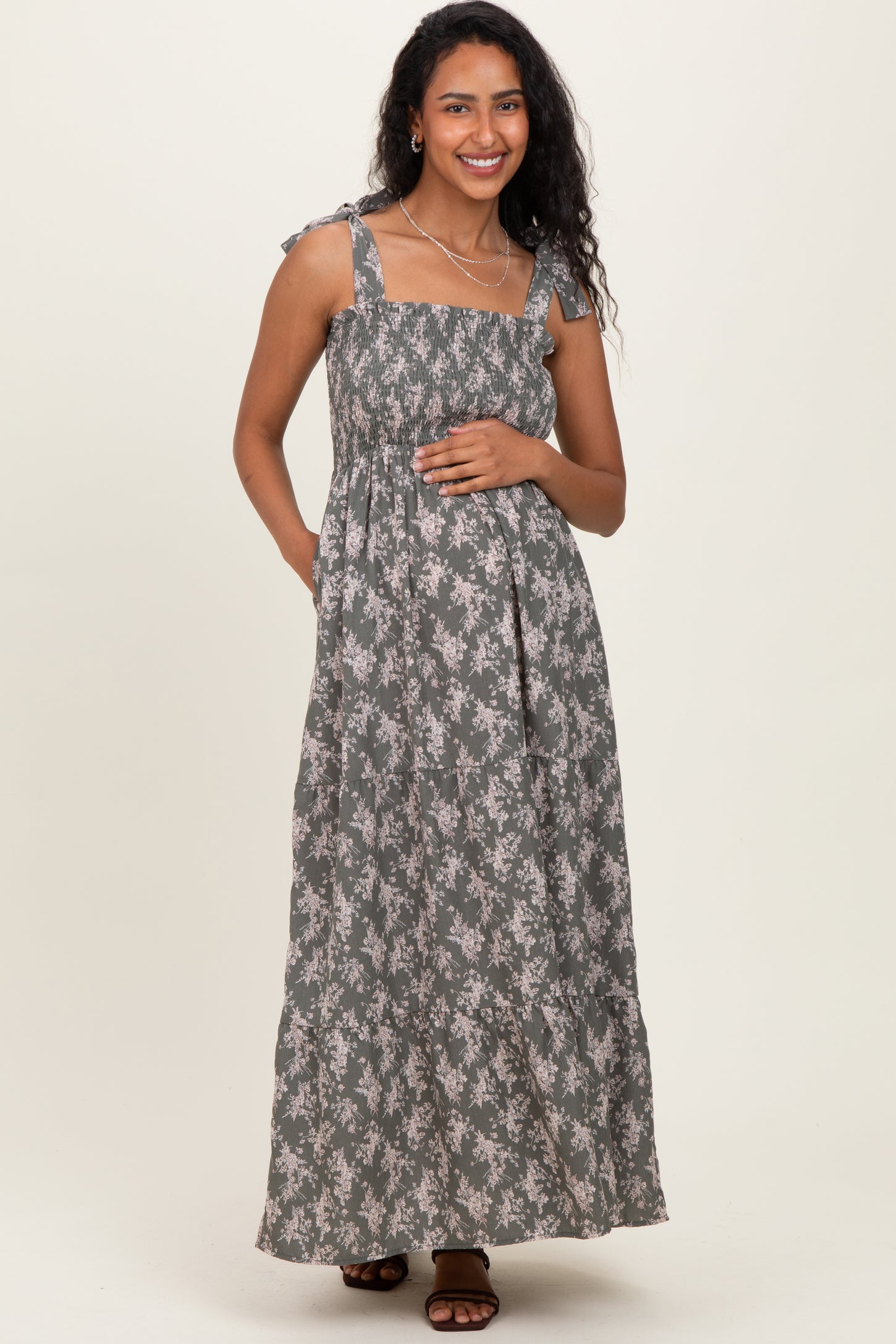 Light Olive Floral Shoulder Tie Maternity Maxi Dress