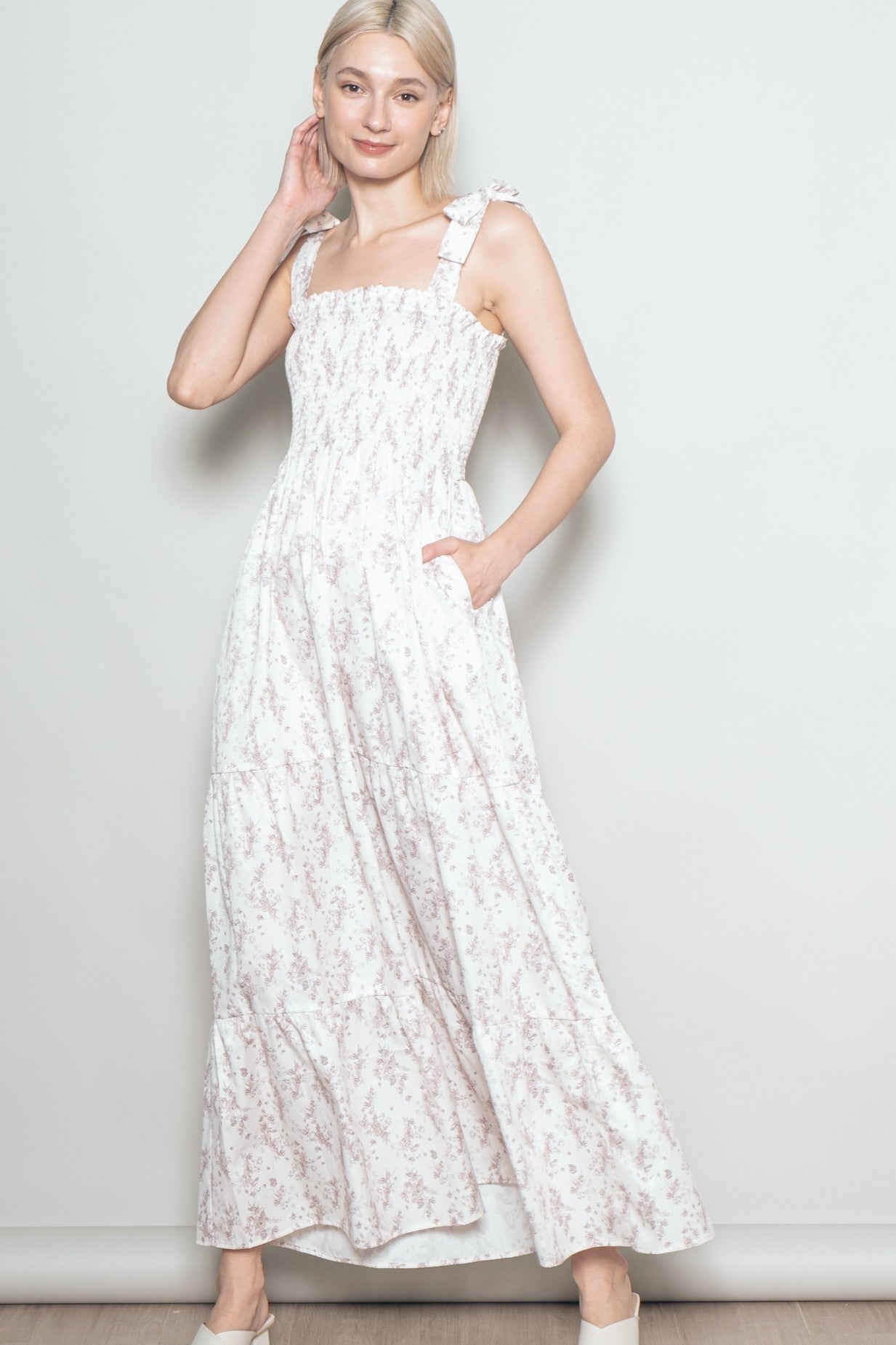 Ivory Floral Shoulder Tie Maxi Dress