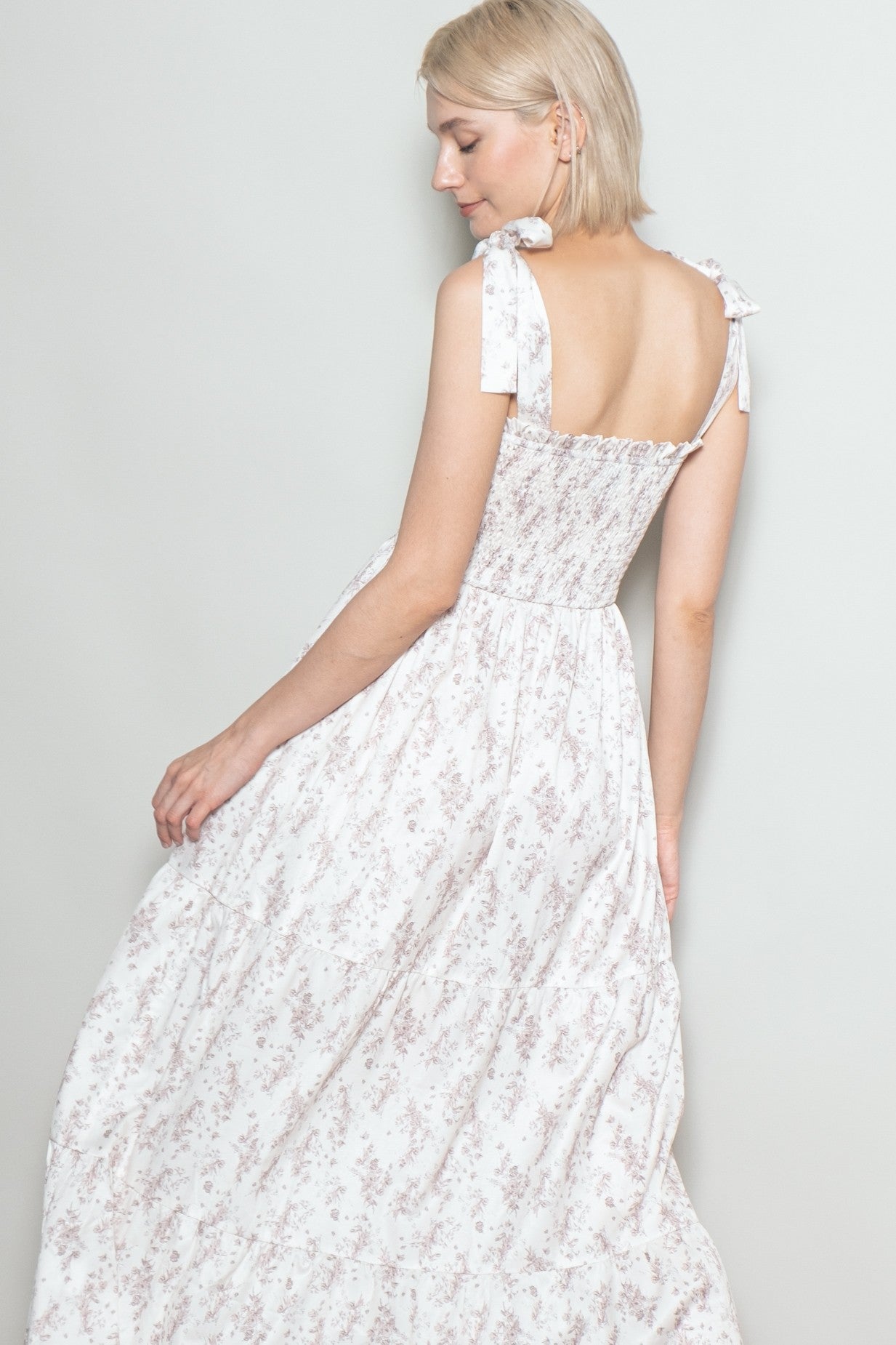 Ivory Floral Shoulder Tie Maxi Dress