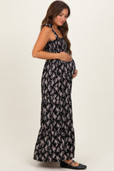 Black Floral Shoulder Tie Maternity Maxi Dress