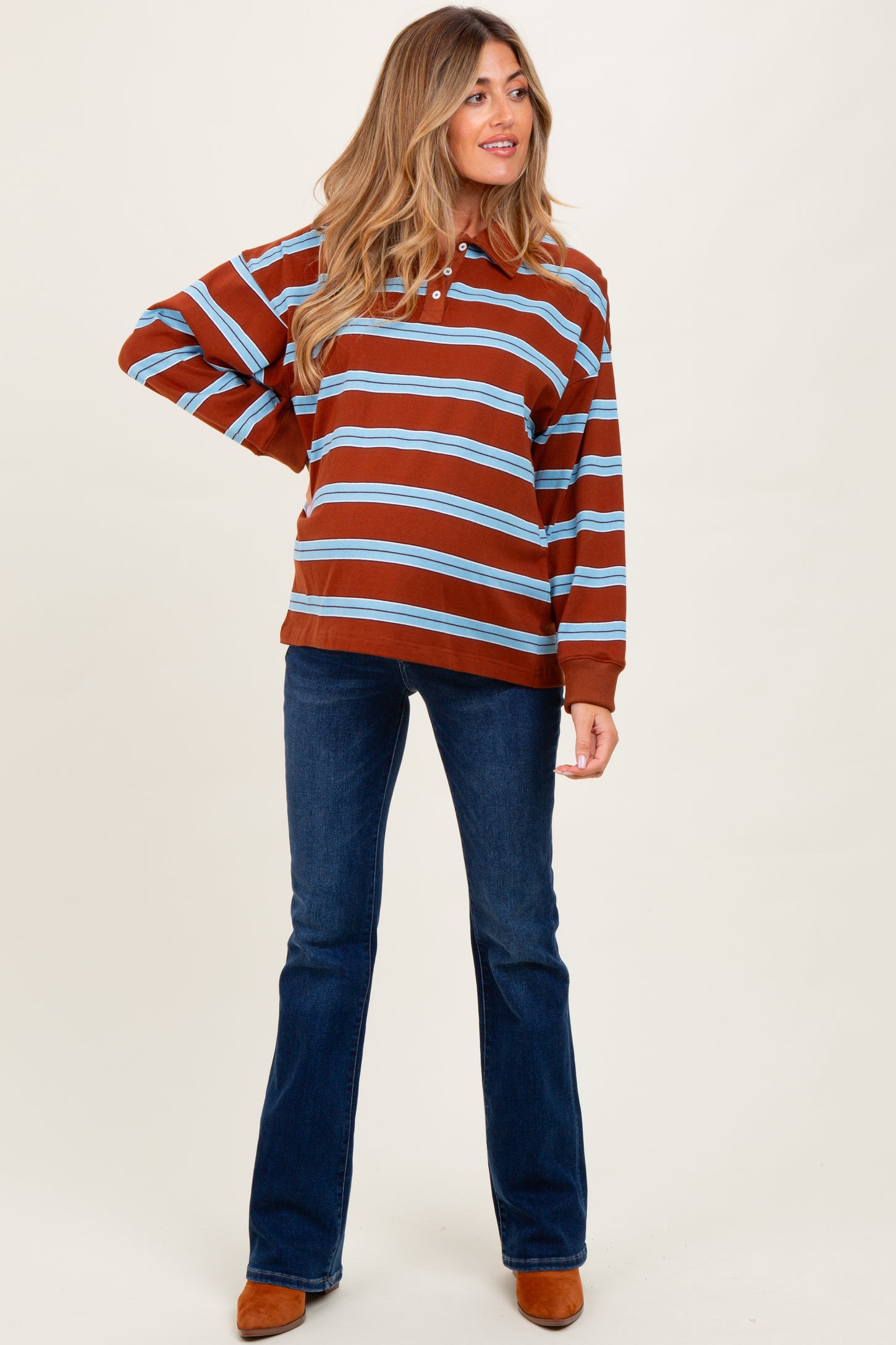 Brown Striped Oversized Long Sleeve Maternity Polo Top