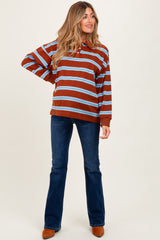 Brown Striped Oversized Long Sleeve Maternity Polo Top