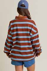 Brown Striped Oversized Long Sleeve Polo Top