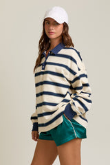 Cream Striped Oversized Long Sleeve Polo Top
