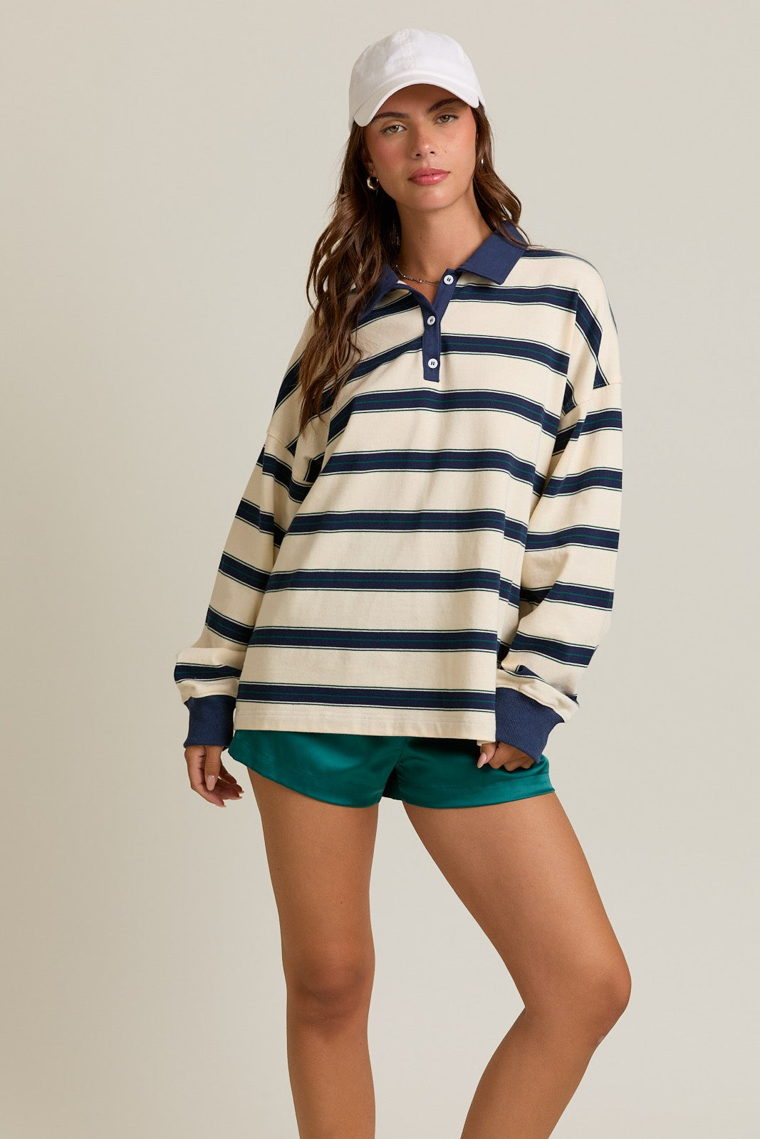 Cream Striped Oversized Long Sleeve Polo Top