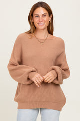 Light Taupe Balloon Sleeve Boat Neck Knit Sweater