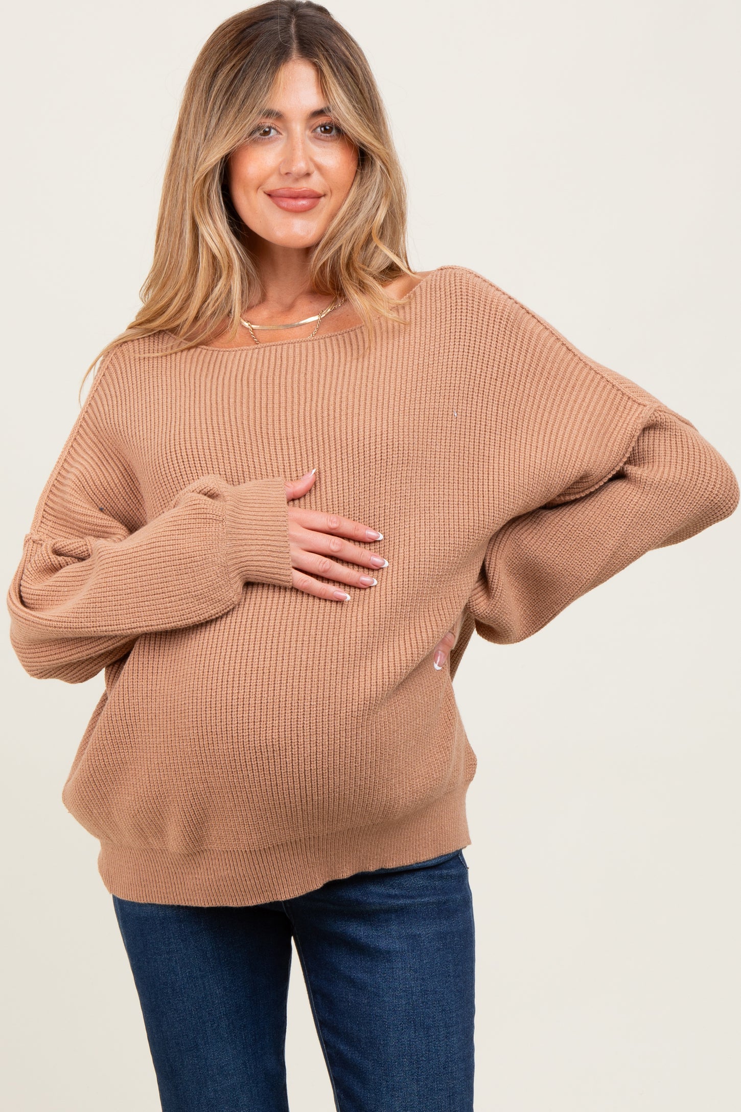 Light Taupe Balloon Sleeve Boat Neck Knit Maternity Sweater