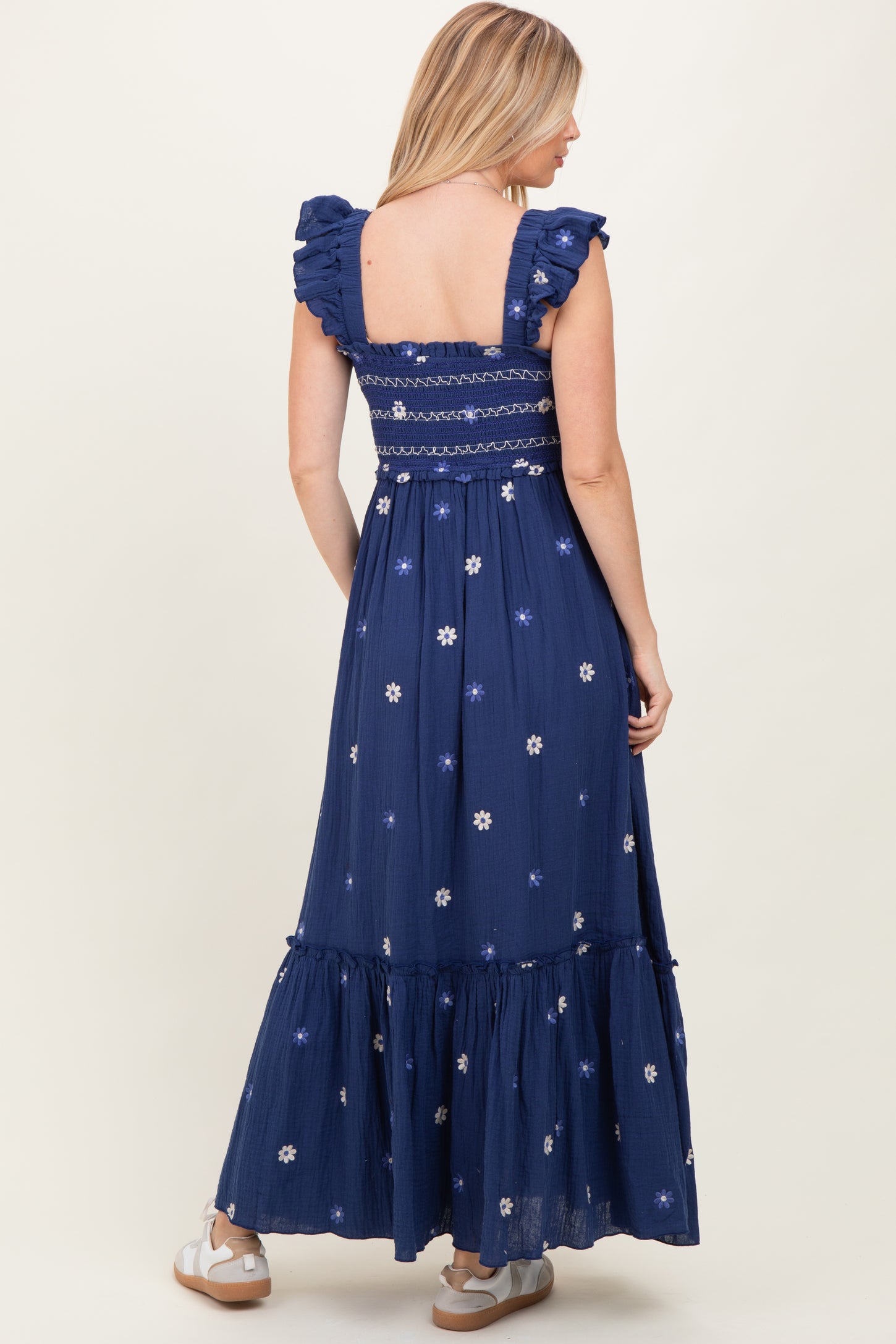 Royal Blue Floral Embroidered Smocked Maxi Dress