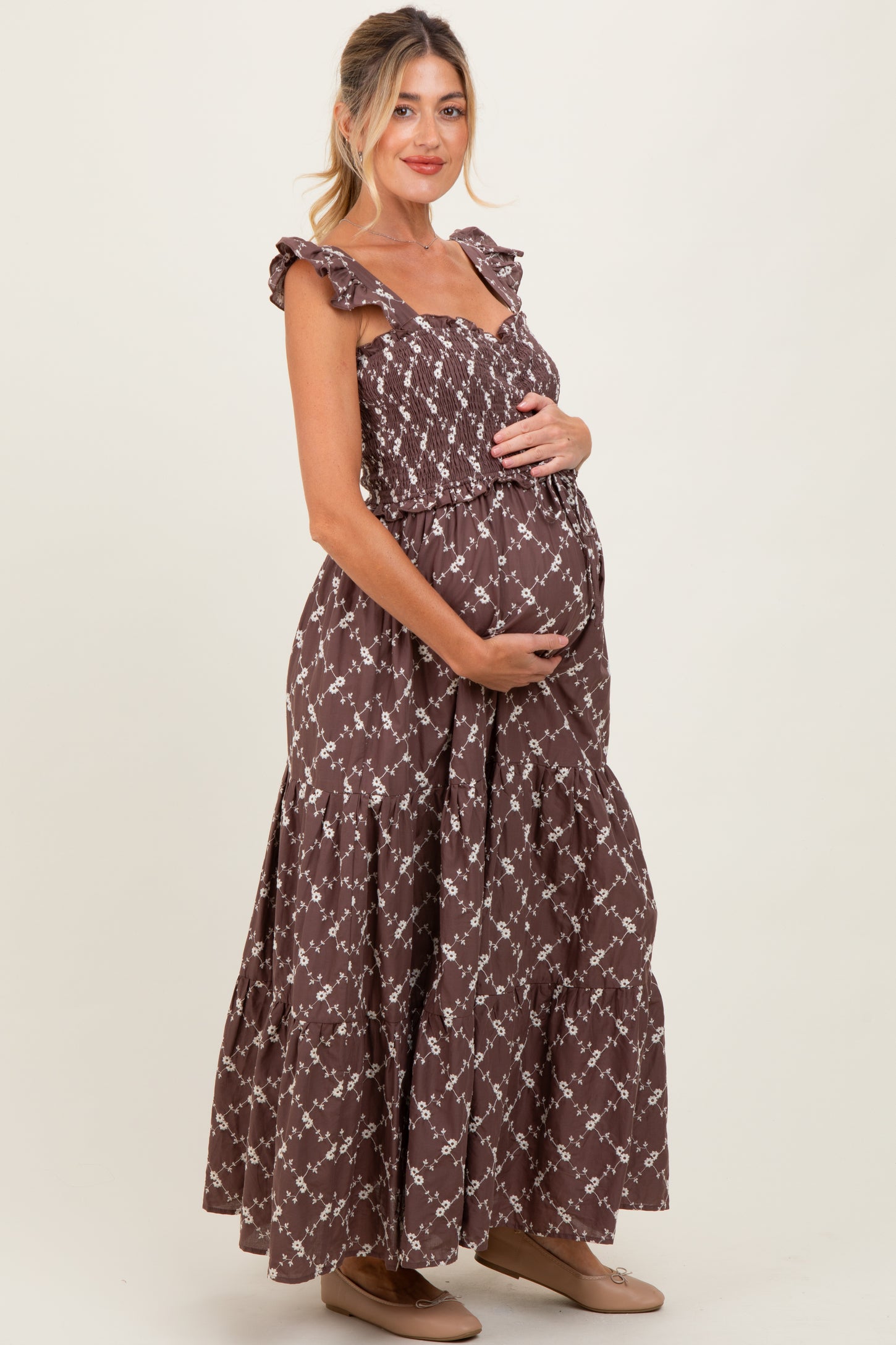 Brown Off White Floral Embroidered Tiered Maternity Maxi Dress
