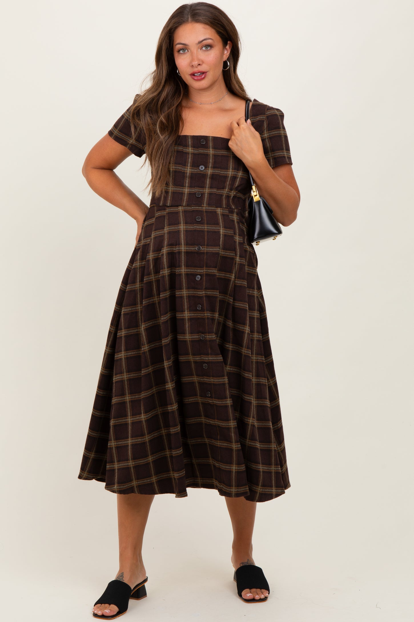 Brown Plaid Button Down Maternity Midi Dress