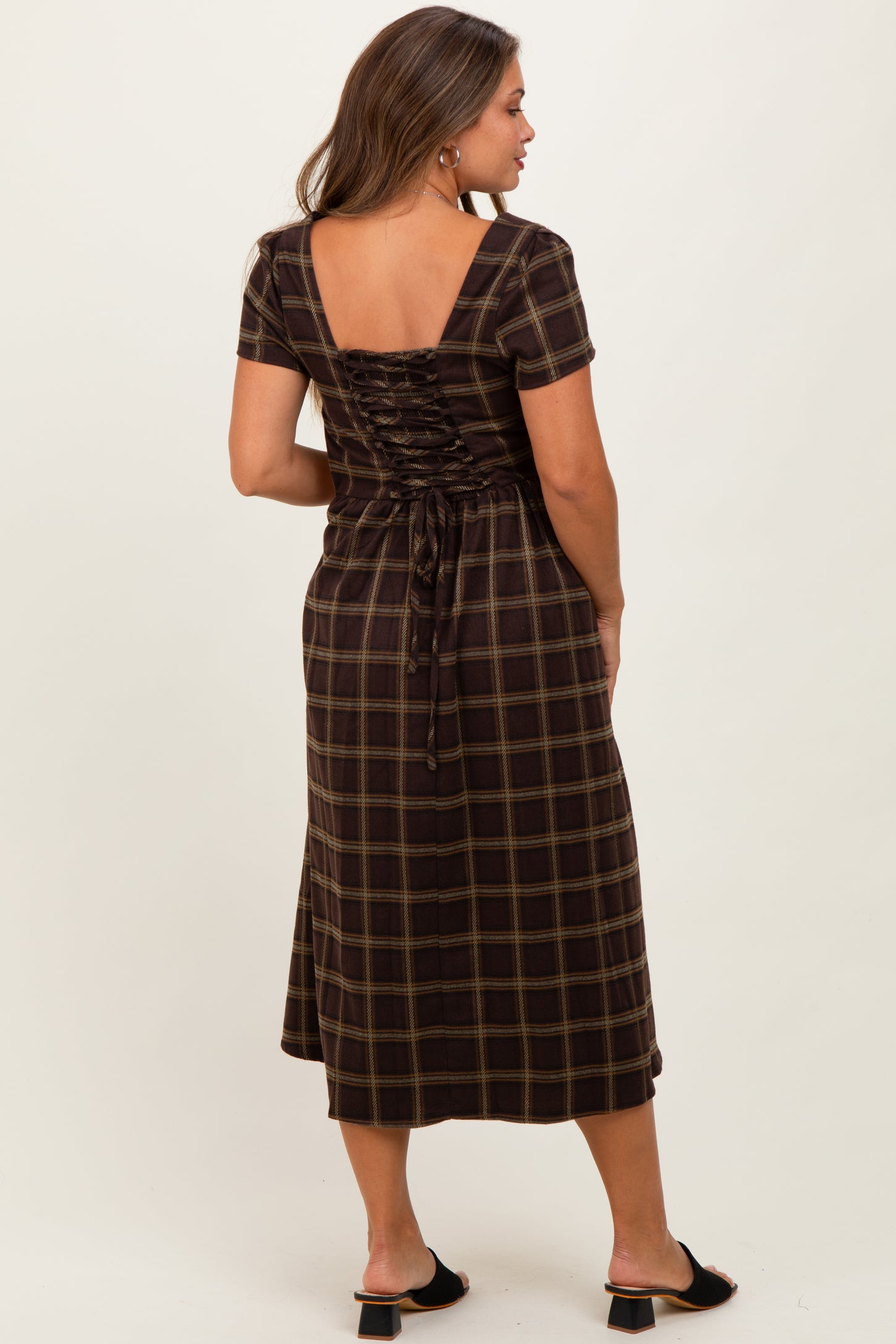 Brown Plaid Button Down Maternity Midi Dress