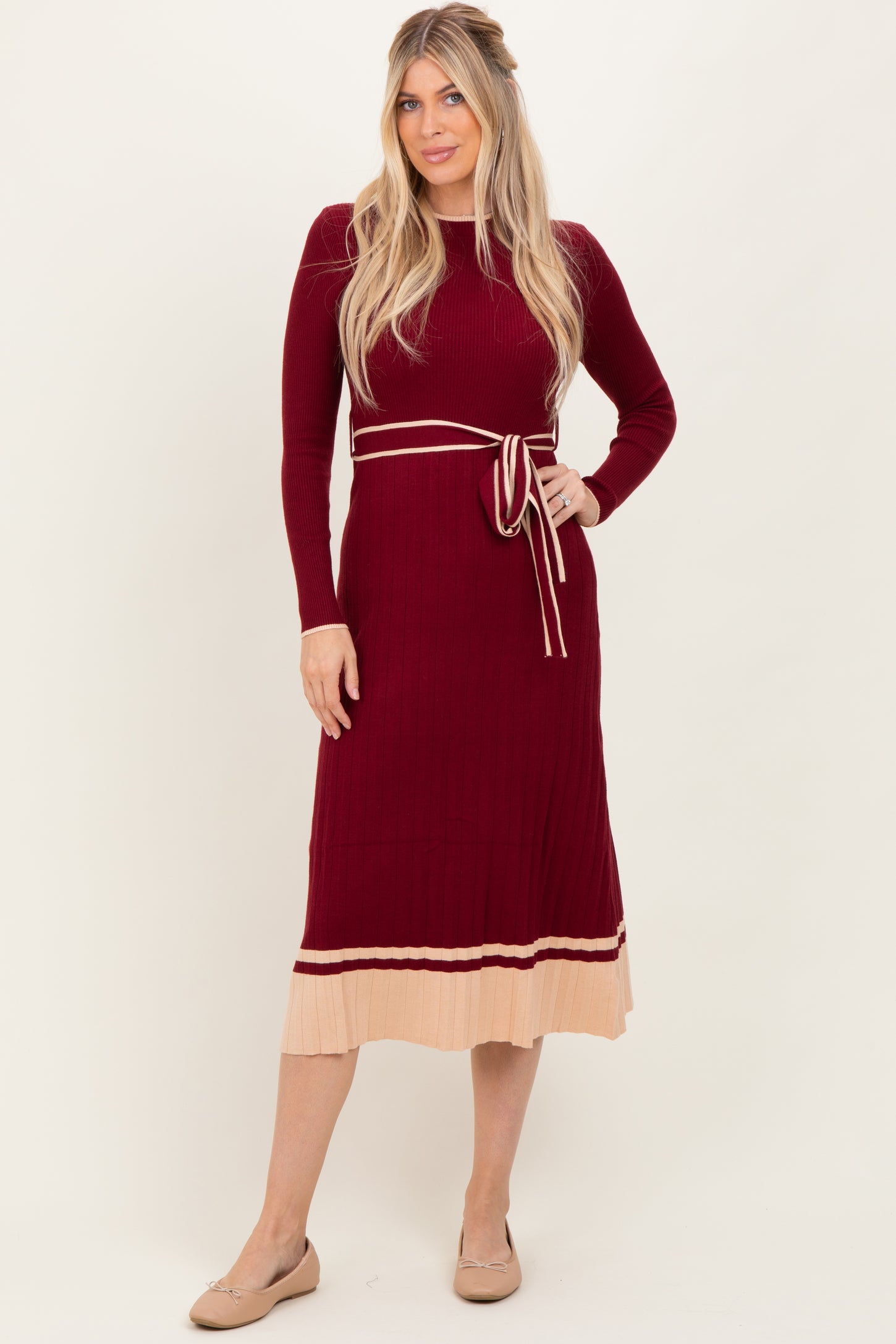 Burgundy Elegant Ribbed Midi Sweater Dress With Belt