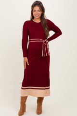 Burgundy Elegant Ribbed Midi Sweater Dress With Belt