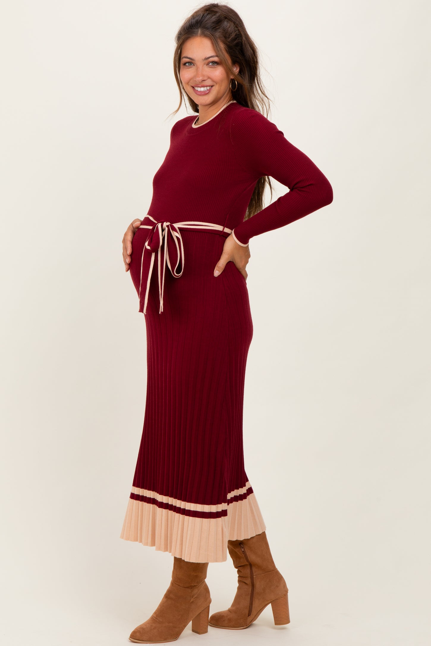 Burgundy Elegant Ribbed Midi Sweater Dress With Belt