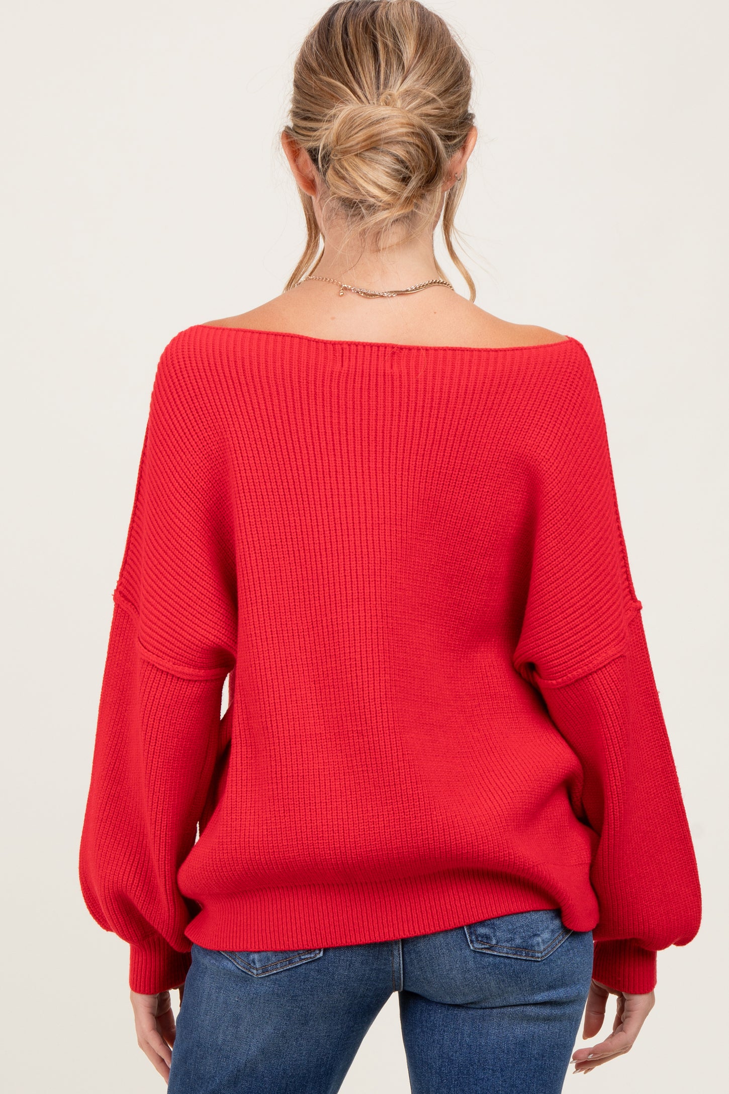 Red Balloon Sleeve Boat Neck Knit Maternity Sweater