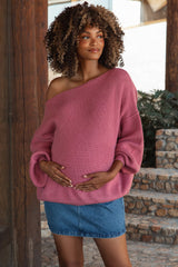 Mauve Balloon Sleeve Boat Neck Knit Maternity Sweater