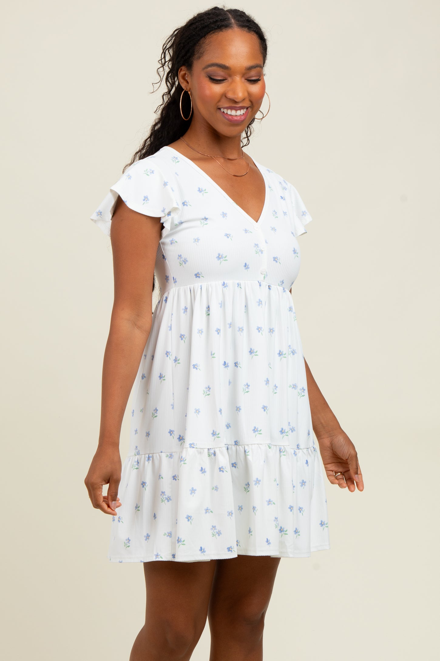 White Ruffle Sleeve Tiered Floral Knit Rib Maternity Mini Dress