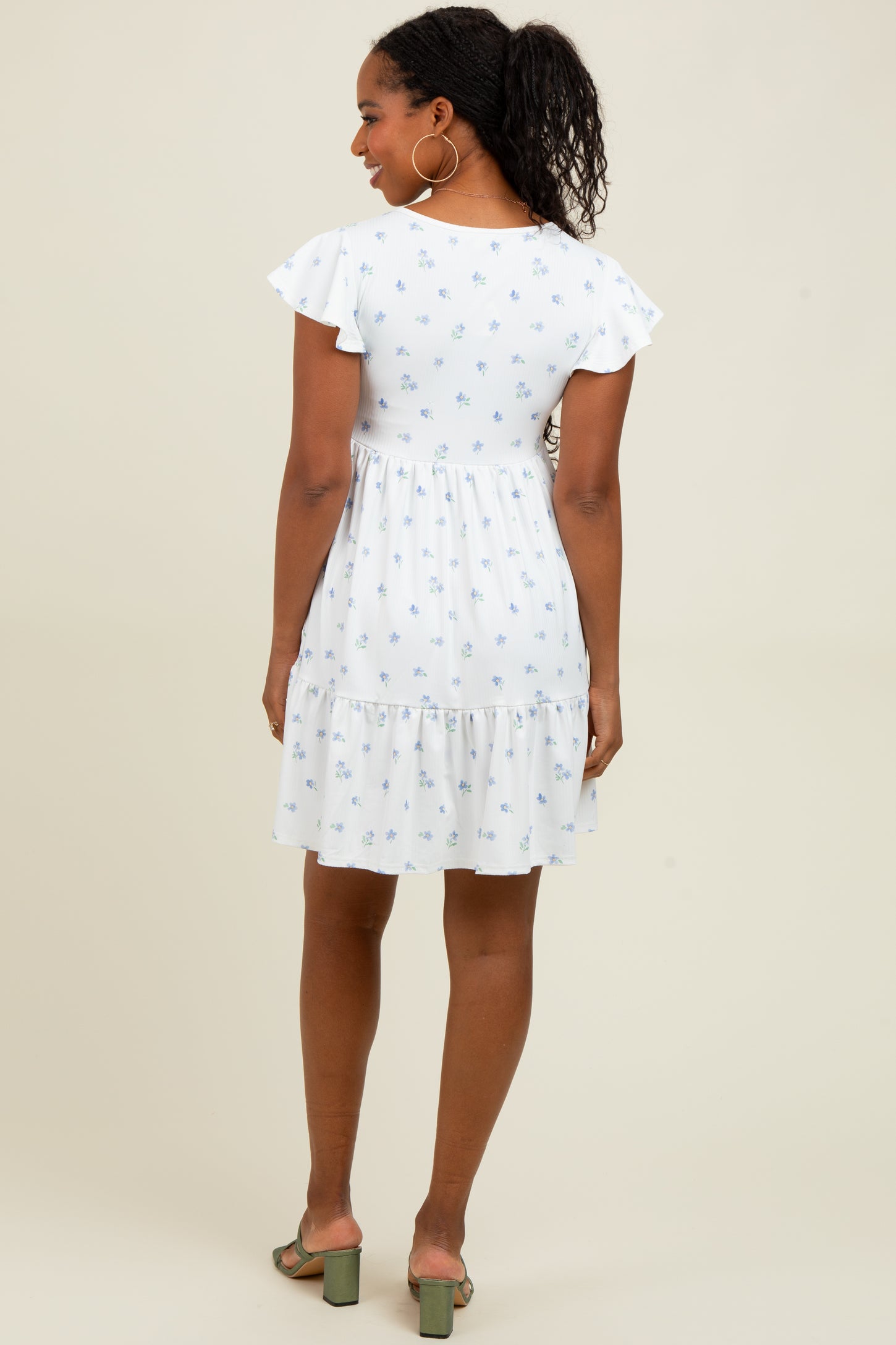 White Ruffle Sleeve Tiered Floral Knit Rib Mini Dress