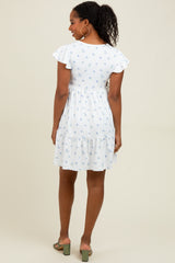 White Ruffle Sleeve Tiered Floral Knit Rib Mini Dress