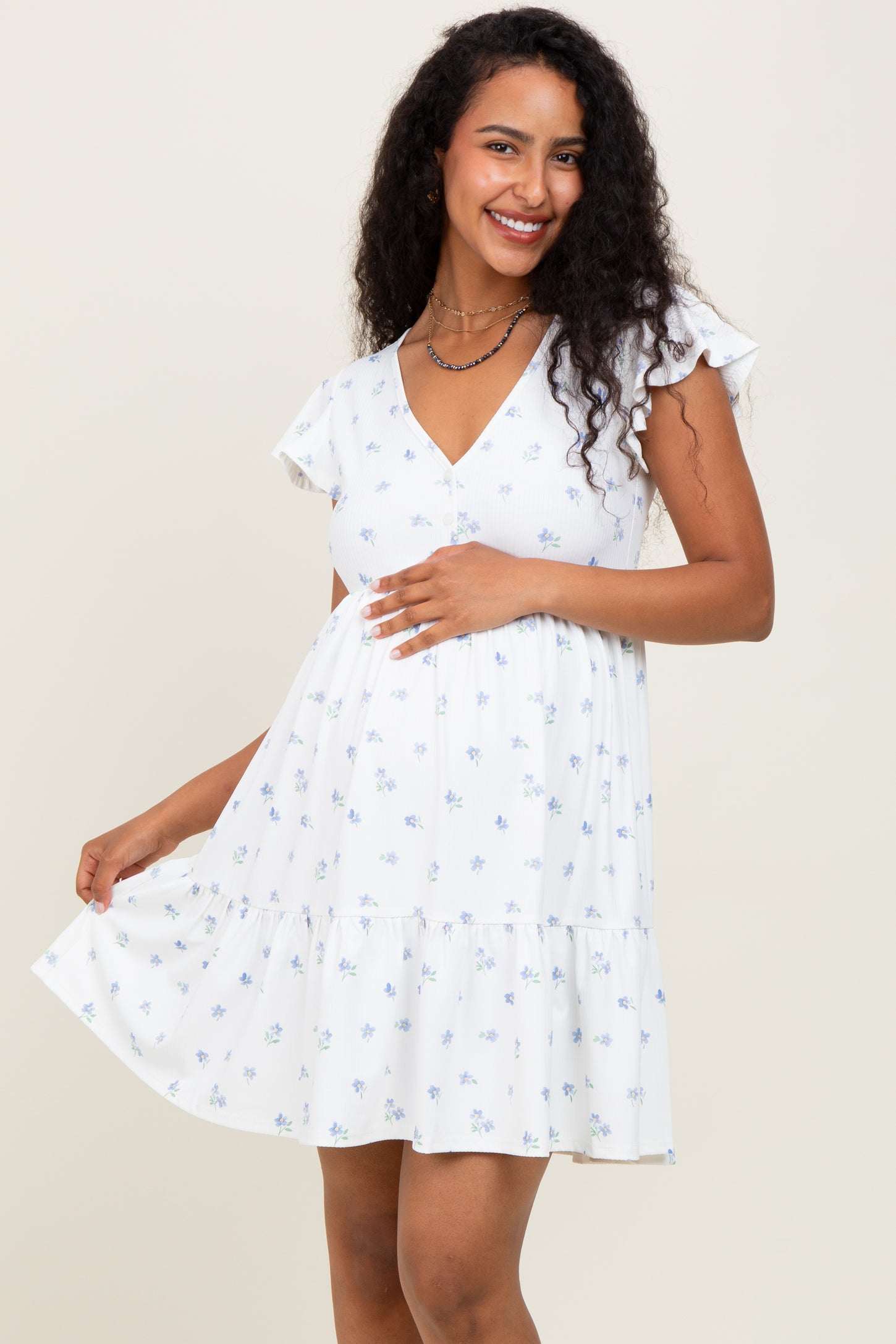 White Ruffle Sleeve Tiered Floral Knit Rib Maternity Mini Dress