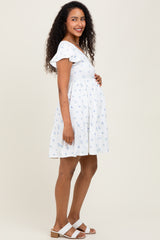 White Ruffle Sleeve Tiered Floral Knit Rib Maternity Mini Dress