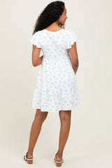 White Ruffle Sleeve Tiered Floral Knit Rib Maternity Mini Dress