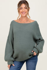Olive Balloon Sleeve Boat Neck Knit Maternity Sweater