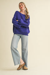 Royal Blue Balloon Sleeve Boat Neck Knit Sweater