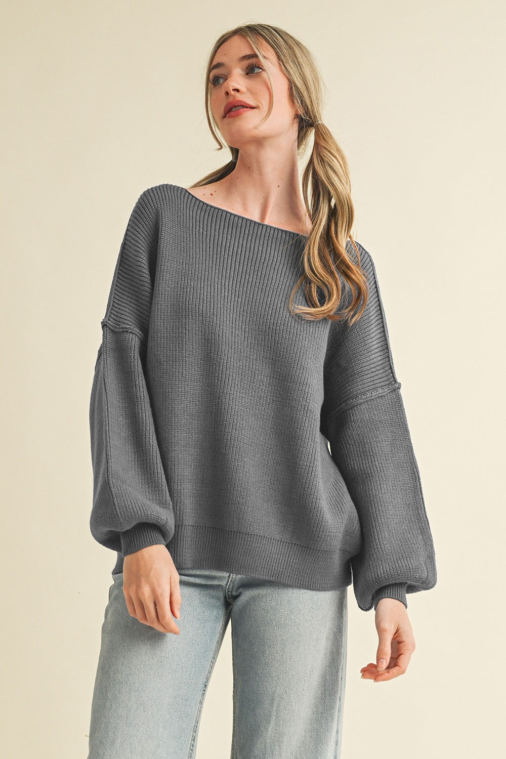 Charcoal Balloon Sleeve Boat Neck Knit Maternity Sweater