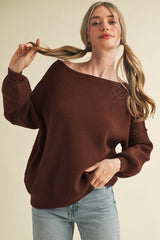 Brown Balloon Sleeve Boat Neck Knit Sweater