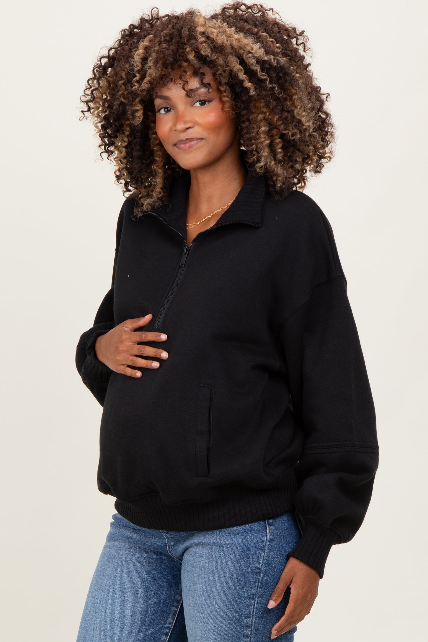Black French Terry Quarter Zip Maternity Pullover