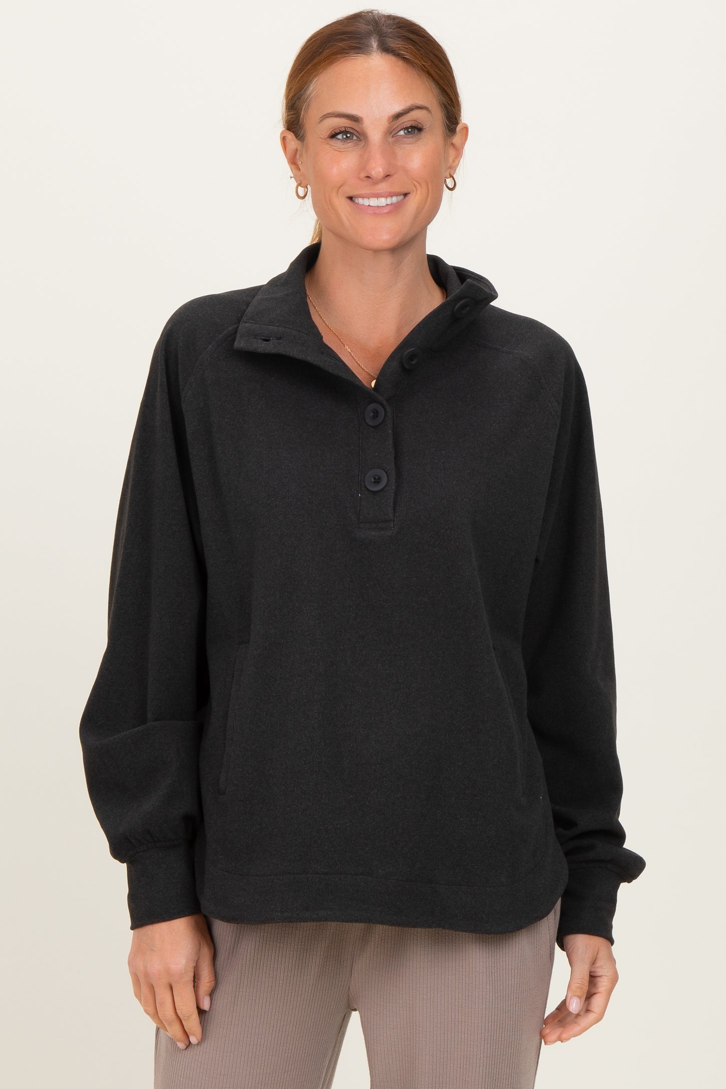 Black Brushed Knit Button Collar Maternity Pullover