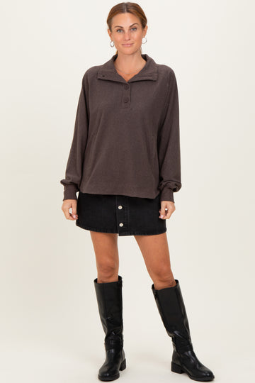 Brown Brushed Knit Button Collar Pullover