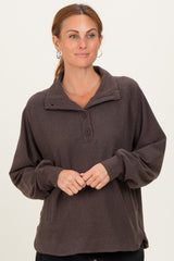 Brown Brushed Knit Button Collar Maternity Pullover