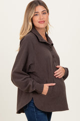 Brown Brushed Knit Button Collar Maternity Pullover