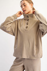 Taupe Brushed Knit Button Collar Pullover