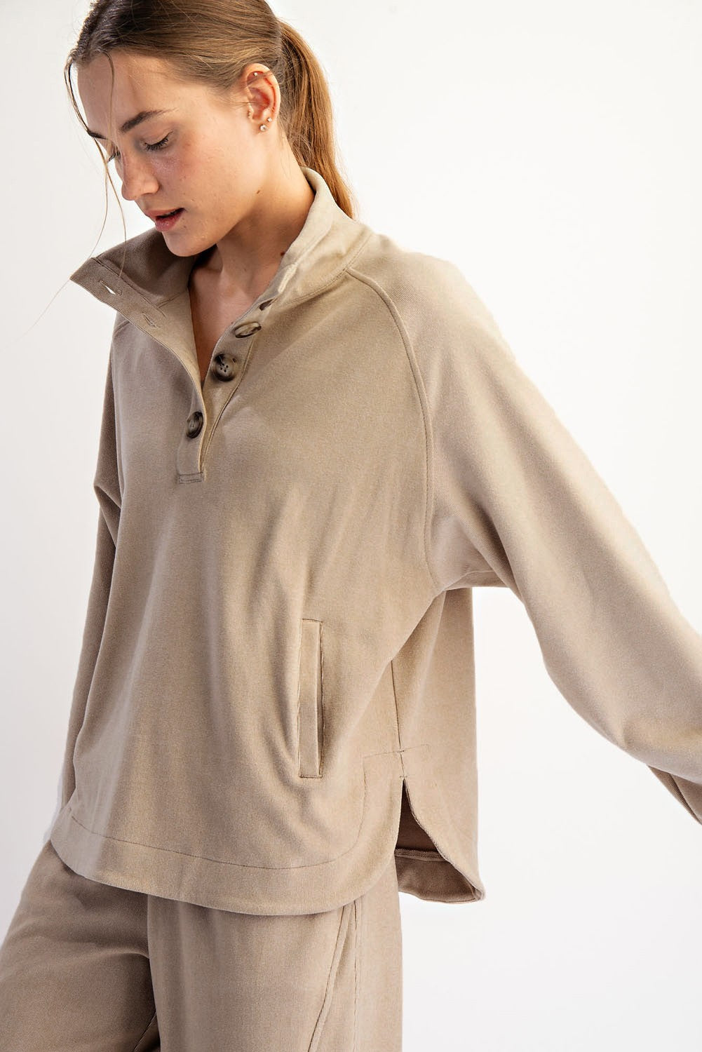 Taupe Brushed Knit Button Collar Pullover
