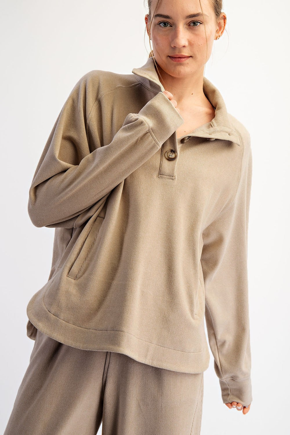 Taupe Brushed Knit Button Collar Pullover